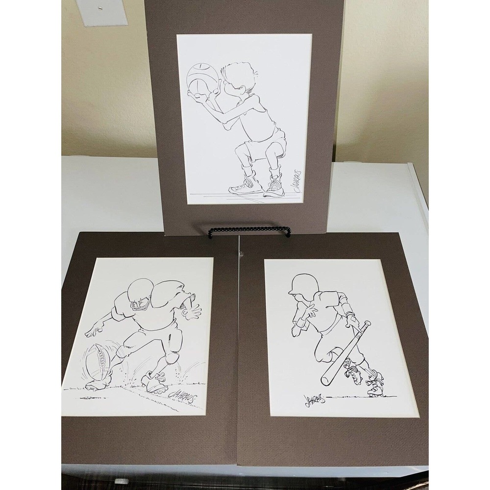 Jon Jahraus Signed Sports Cartoon Artwork-Baseball Football Basketball Set of 3